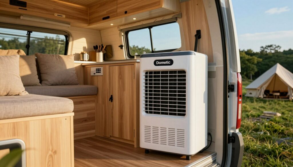 A-Dometic-FreshJet-FJX4-12V-portable-air-conditioner-in-a-cozy-camping-van-interior-with-light-1024x585 Climatisation 12V pour van et fourgon : Gadget ou vraie révolution ?
