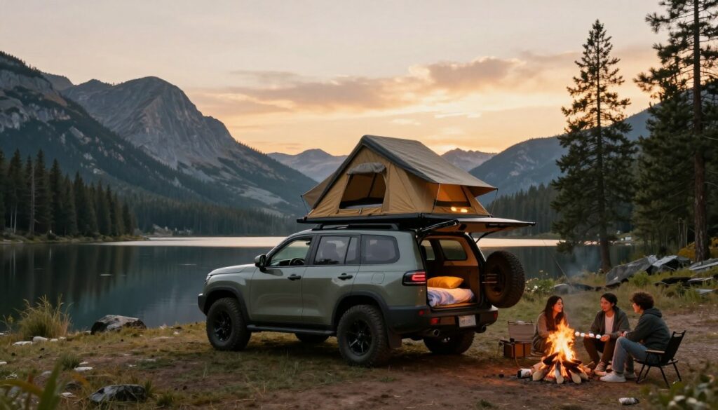 A-captivating-outdoor-adventure-scene-featuring-a-spacious-rooftop-tent-mounted-on-a-rugged-SUV-1024x585 Tente de toit 4 places : Notre avis complet et détaillé