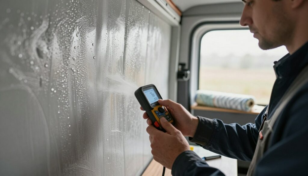 A-close-up-view-of-a-professional-inspecting-condensation-on-the-interior-wall-of-an-isolated-1024x585 Isolation fourgon condensation : notre guide étape par étape
