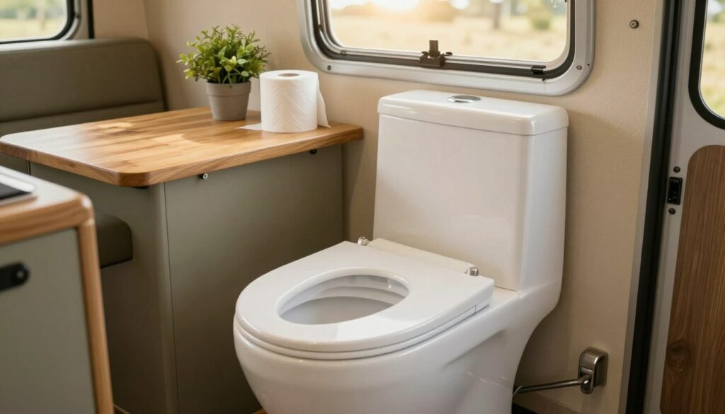 A-compact-and-modern-dry-toilet-designed-for-camping-and-van-life-placed-in-a-cozy-well-lit-1024x585 Toilettes sèches, à séparation ou chimiques : Le grand match pour la vanlife
