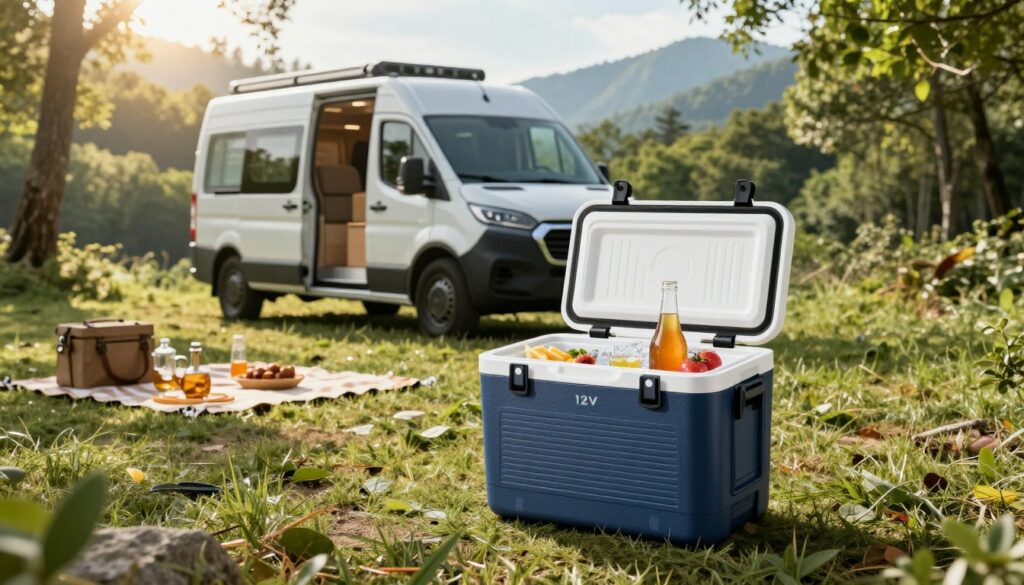 A-compact-modern-12V-car-portable-cooler-is-positioned-prominently-in-the-foreground-1024x585 Glacière à compression 12V vs trimixte : Le guide d'achat ultime