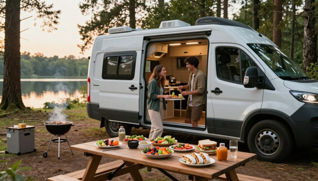 A-cozy-camping-scene-featuring-a-well-equipped-camper-van-parked-in-a-scenic-forest-clearing-1024x585 Comment préparer un repas camping car facile et rapide