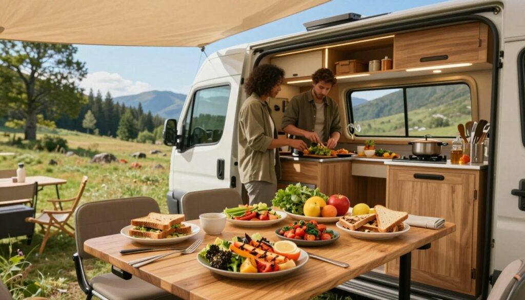 A-cozy-camping-scene-featuring-a-well-organized-meal-setup-inside-a-camper-van.-In-the-1024x585 Comment préparer un repas camping car facile et rapide