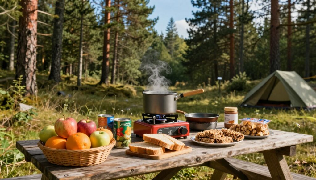 A-cozy-camping-scene-in-a-serene-outdoor-setting-featuring-a-rustic-wooden-picnic-table-laden--1024x585 Idée repas camping sans frigo : guide pratique complet
