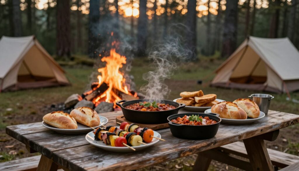 A-cozy-camping-scene-showcasing-a-delicious-spread-of-hot-meals-suitable-for-outdoor-dining-1024x585 Idée repas camping sans frigo : guide pratique complet
