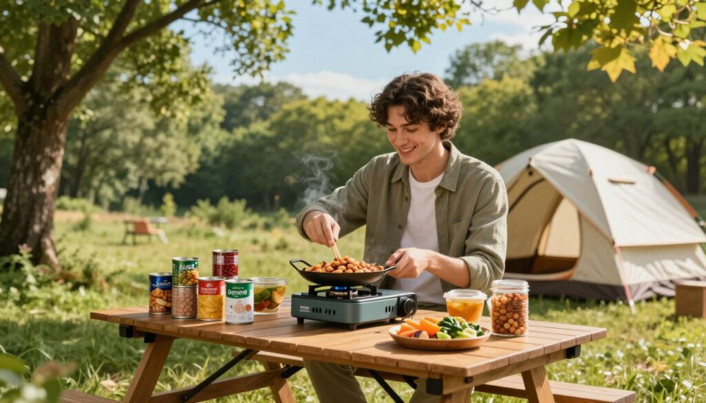 A-cozy-campsite-scene-showcasing-easy-camping-meals-made-from-canned-goods.-In-the-foreground--1024x585 Idée repas camping sans frigo : guide pratique complet