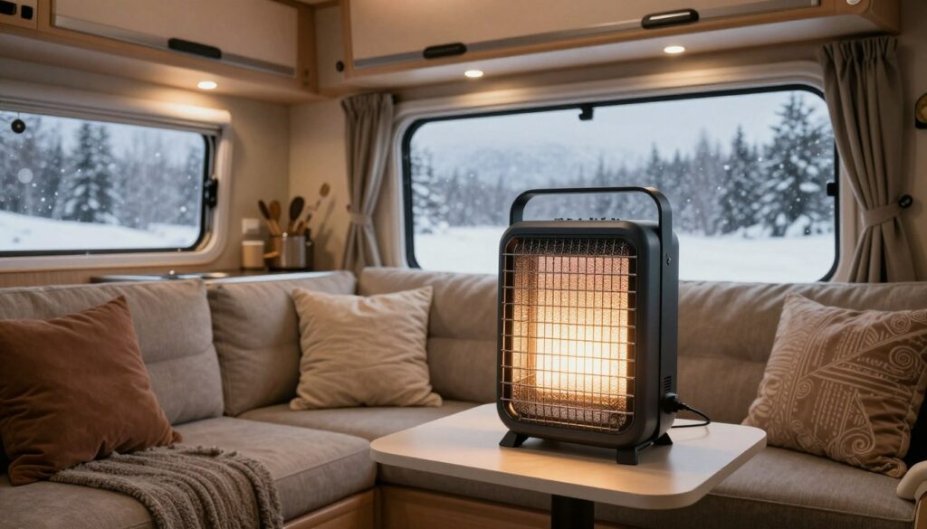 A-cozy-interior-of-a-camper-van-showcasing-a-portable-auxiliary-heater.-In-the-foreground-the--1024x585 Chauffage d'appoint camping car : avis et guide d'achat