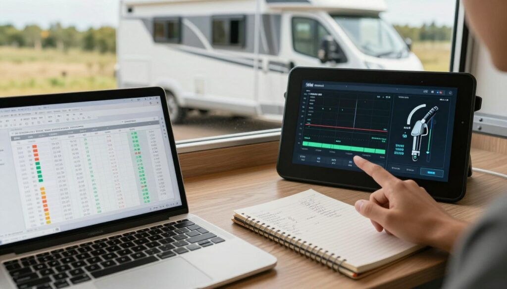 A-detailed-analysis-of-fuel-consumption-for-a-motorhome-featuring-a-sleek-digital-dashboard-1024x585 Tableau consommation camping-car : notre avis complet