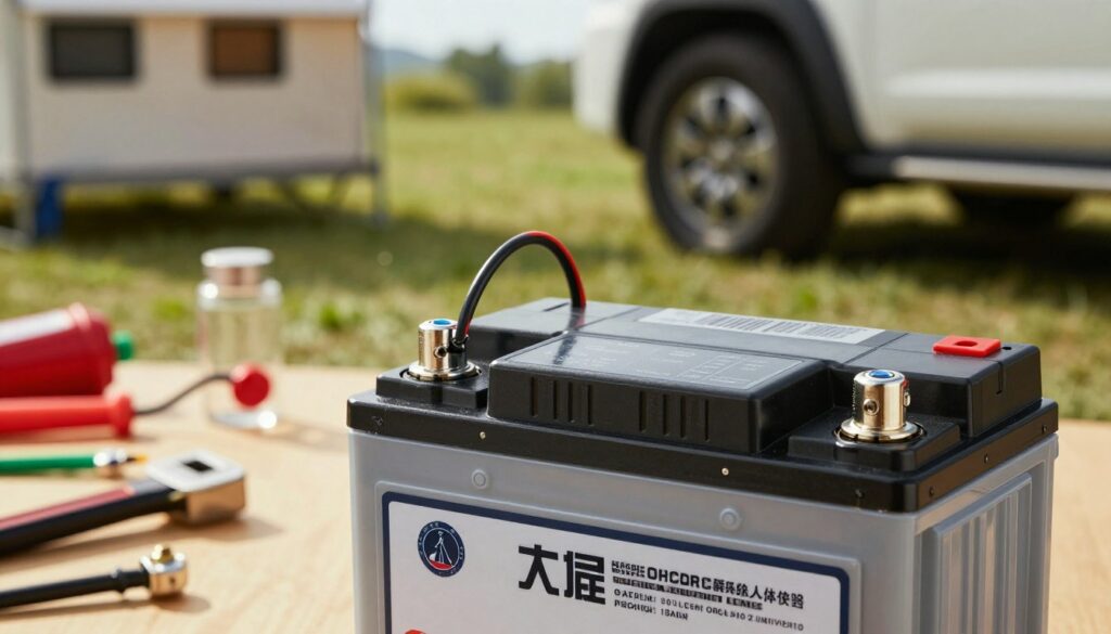 A-detailed-close-up-of-a-high-quality-camping-car-battery-showcasing-its-robust-design-and-1024x585 Batterie camping car : Guide et test 2026 pour bien choisir