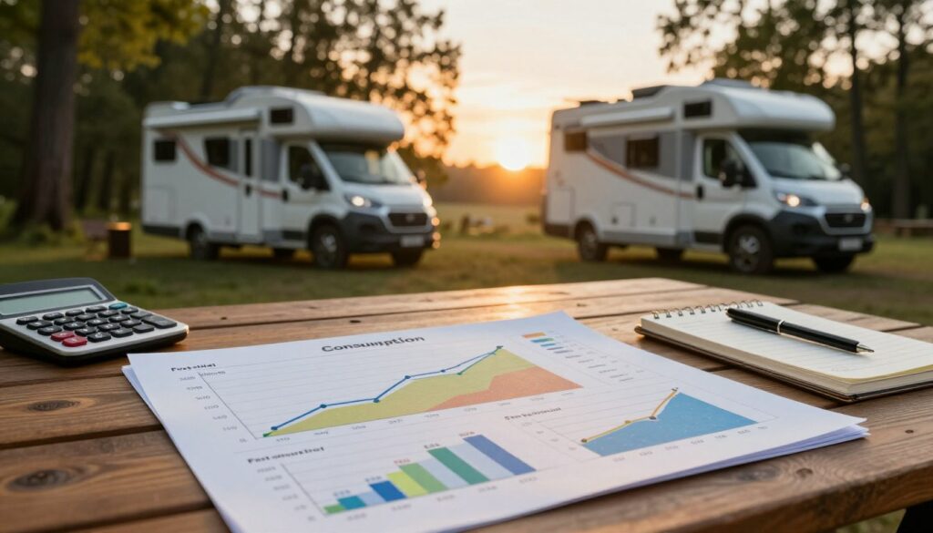 A-detailed-consumption-chart-for-a-camper-van-artistically-displayed-on-a-wooden-table.-In-the-1024x585 Tableau consommation camping-car : notre avis complet