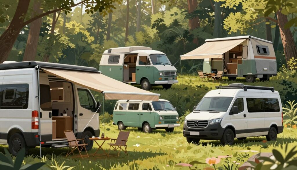 A-detailed-illustration-of-various-types-of-awnings-for-vans-showcasing-multiple-designs-in-a--1024x585 Notre guide pour choisir et installer un auvent pour van