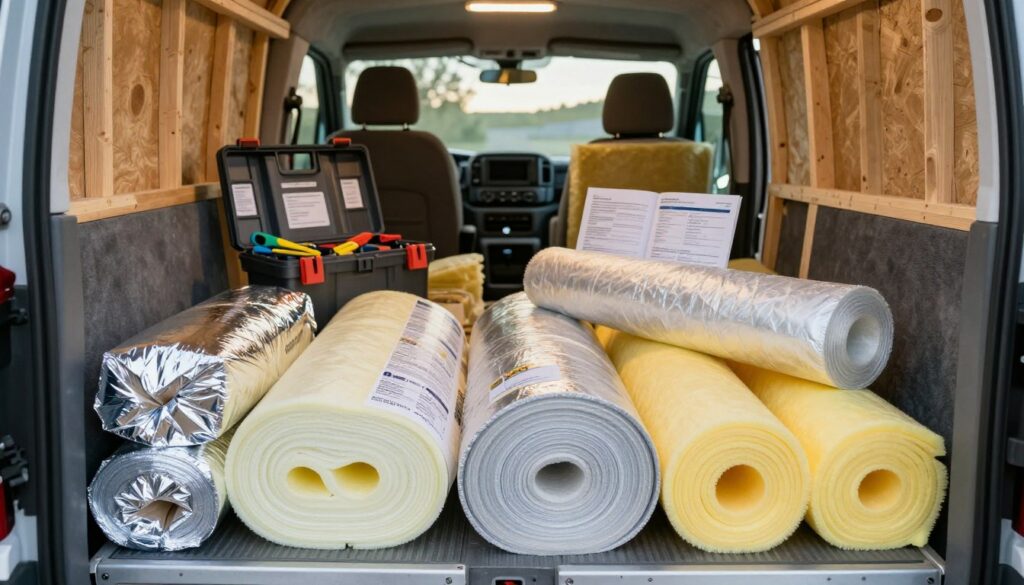 A-detailed-interior-of-a-van-showcasing-various-insulation-materials.-In-the-foreground-neatly-1024x585 Isolation fourgon condensation : notre guide étape par étape