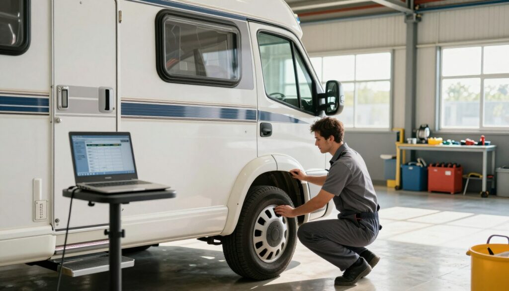 A-detailed-scene-depicting-a-leisure-vehicle-undergoing-a-technical-inspection.-In-the-1024x585 Nos conseils pour réussir le contrôle technique caravane