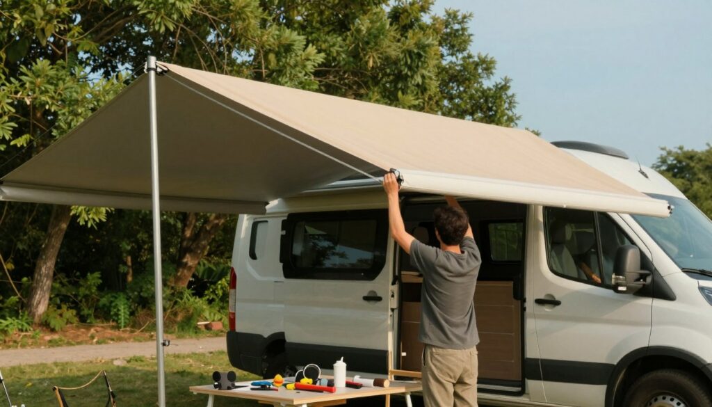 A-detailed-scene-showcasing-the-installation-of-an-awning-on-a-camper-van.-In-the-foreground-a-1024x585 Notre guide pour choisir et installer un auvent pour van