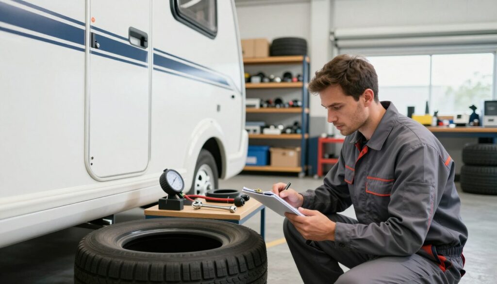 A-detailed-view-of-a-caravan-undergoing-a-safety-inspection-in-a-bright-well-lit-workshop-1024x585 Nos conseils pour réussir le contrôle technique caravane