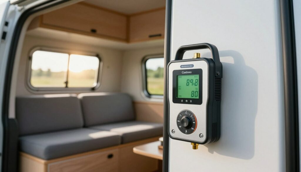 A-detailed-view-of-a-gas-detector-installation-inside-a-compact-camper-van.-In-the-foreground--1024x585 Détecteur gaz camping car : Notre avis complet et fiable