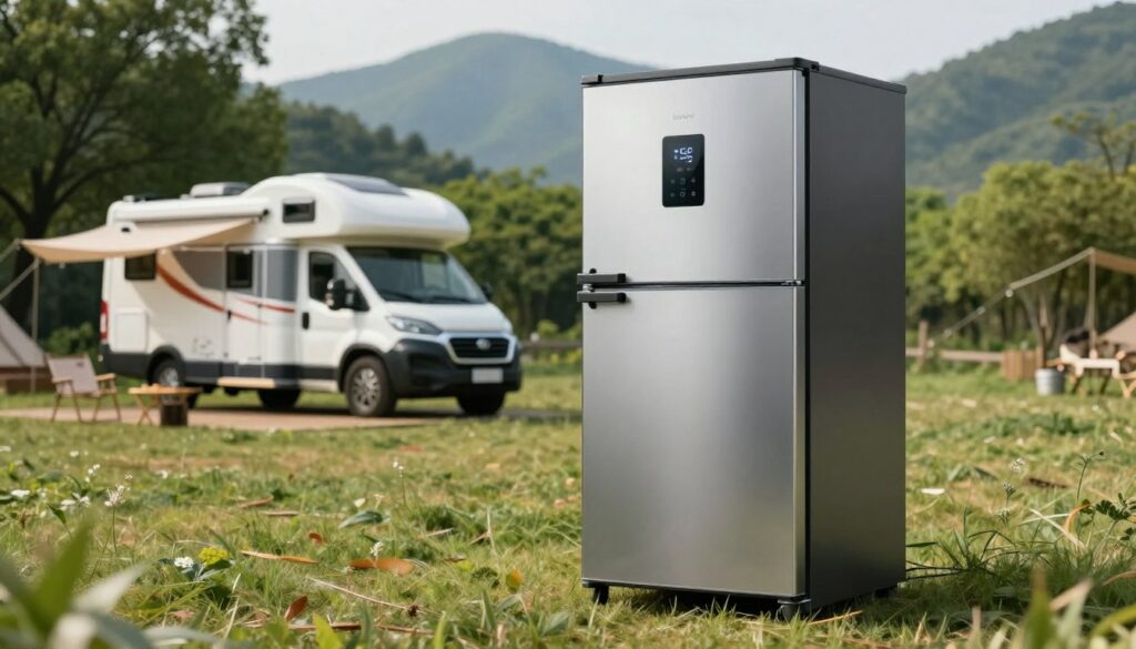 A-high-performance-compression-fridge-designed-for-camping-in-a-picturesque-outdoor-setting.-In-1024x585 Glacières à compression pour camping-car : comparatif et avis