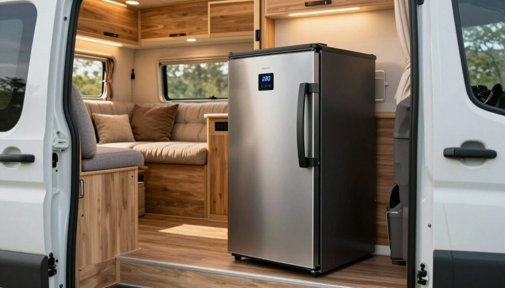 A-high-quality-image-of-a-compression-refrigerator-designed-for-a-camper-van-prominently-1024x585 Glacières à compression pour camping-car : comparatif et avis
