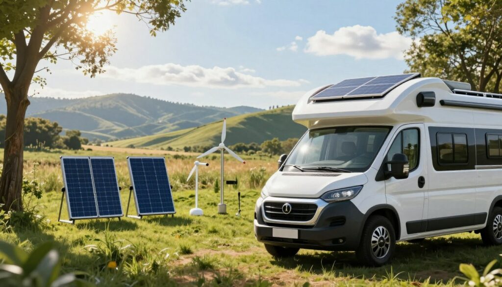 A-modern-camper-van-showcasing-renewable-energy-solutions.-In-the-foreground-a-sleek-fully-1024x585 Comment passer un van ou camping-car au "tout électrique" sans gaz ?