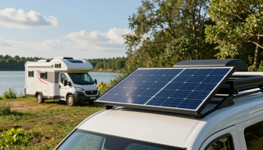 A-modern-camping-car-equipped-with-a-sleek-TOPCon-solar-panel-on-its-roof-situated-in-a-serene-1024x585 Kit solaire camping-car : Faut-il passer aux panneaux monocristallins TOPCon ?