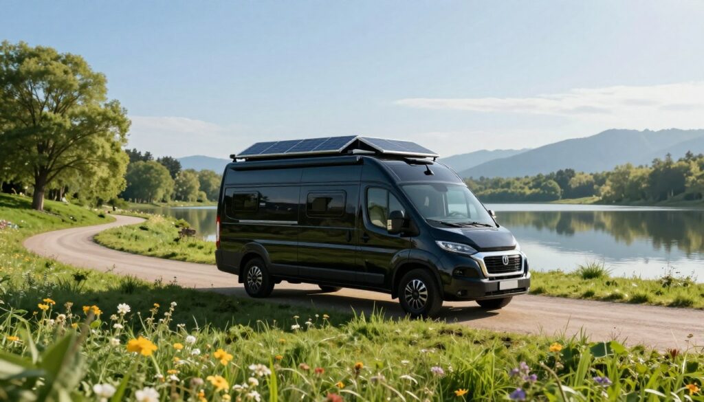 A-modern-camping-van-equipped-with-advanced-TOPCon-solar-panels-on-its-roof-showcasing-sleek--1024x585 Kit solaire camping-car : Faut-il passer aux panneaux monocristallins TOPCon ?