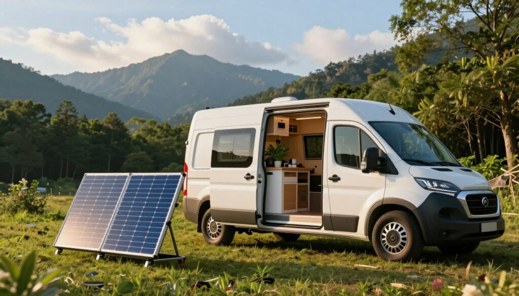 A-modern-electric-van-parked-in-a-picturesque-outdoor-setting-surrounded-by-lush-green-woods-1024x585 Quelle station de charge nomade choisir pour son van en 2026 ?