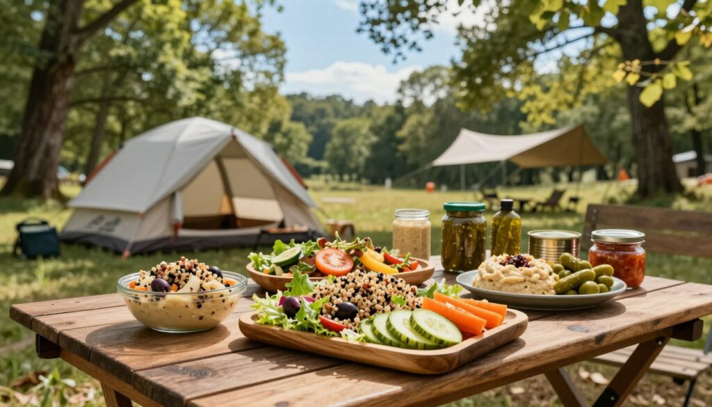 A-picturesque-camping-scene-centered-around-a-rustic-wooden-table-set-outdoors-adorned-with-an-1024x585 Idée repas camping sans frigo : guide pratique complet