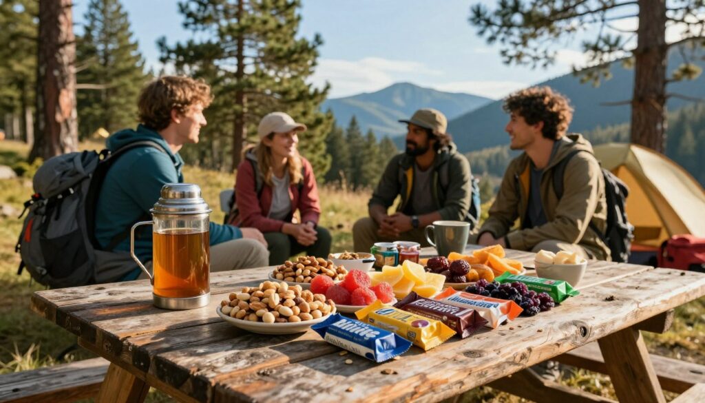A-picturesque-outdoor-camping-scene-centered-around-a-rustic-picnic-table.-In-the-foreground-1024x585 Idée repas camping sans frigo : guide pratique complet