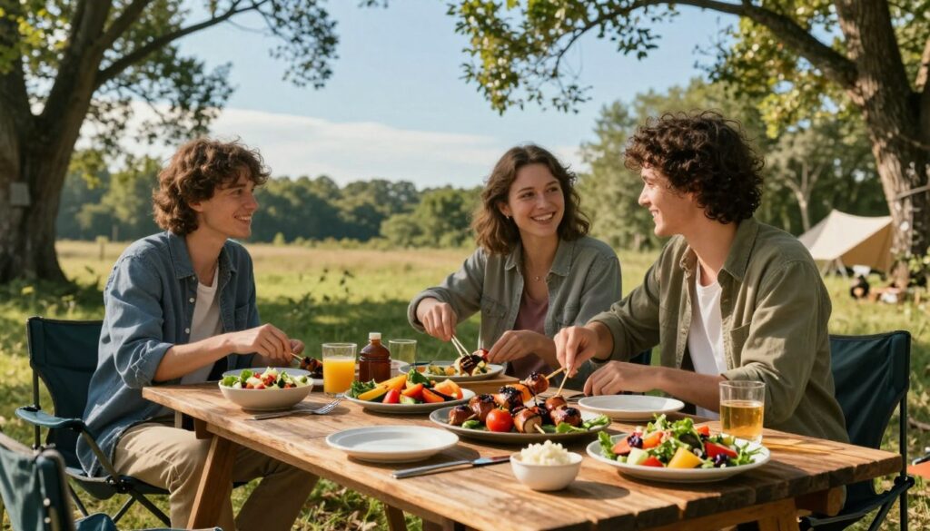 A-picturesque-outdoor-scene-featuring-a-cozy-camping-setup.-In-the-foreground-there-is-a-1024x585 Comment préparer un repas camping car facile et rapide