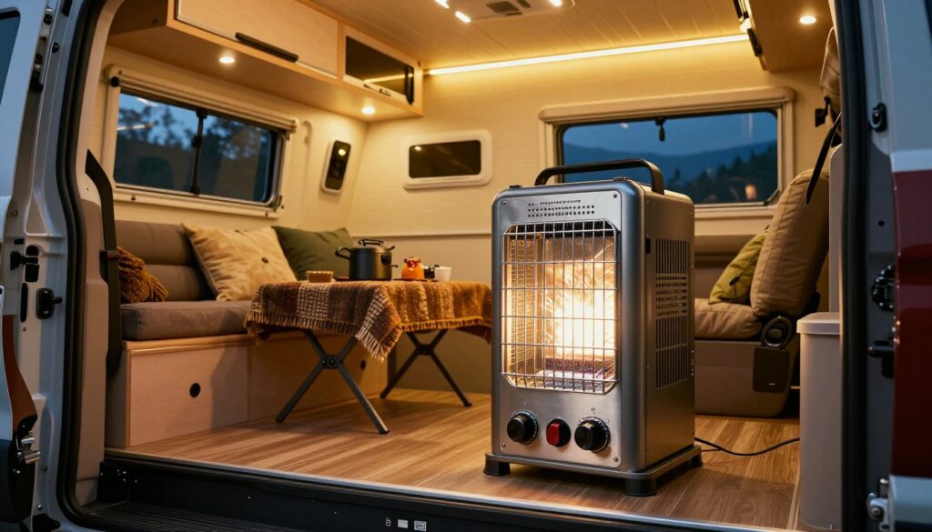 A-portable-camping-heater-placed-inside-a-cozy-camper-van-showcasing-its-compact-design-and-1024x585 Chauffage d'appoint camping car : avis et guide d'achat