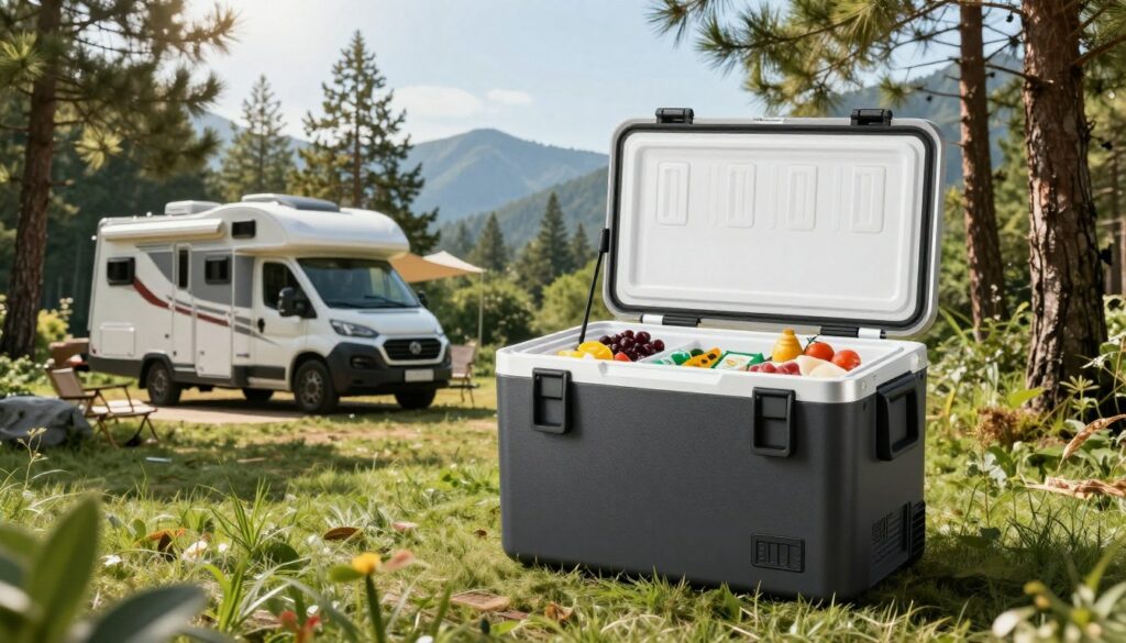 A-portable-refrigeration-unit-designed-for-recreational-vehicles-prominently-displayed-in-the--1024x585 Glacières à compression pour camping-car : comparatif et avis