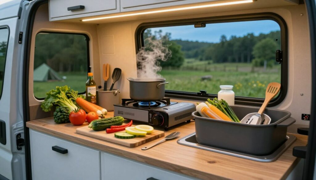 A-practical-camping-car-meal-setup-showcasing-an-organized-small-kitchen-inside-a-camper-van.--1024x585 Comment préparer un repas camping car facile et rapide