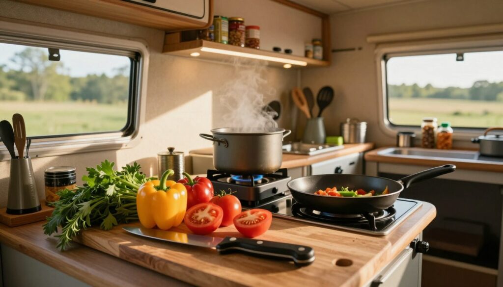 A-practical-camping-meal-preparation-scene-in-a-cozy-camper-kitchen-showcasing-essential-1024x585 Comment préparer un repas camping car facile et rapide