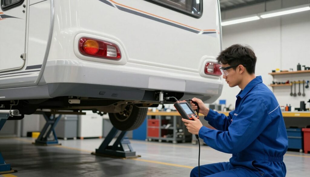 A-professional-technician-examining-a-caravan-during-a-technical-inspection.-In-the-foreground-1024x585 Nos conseils pour réussir le contrôle technique caravane
