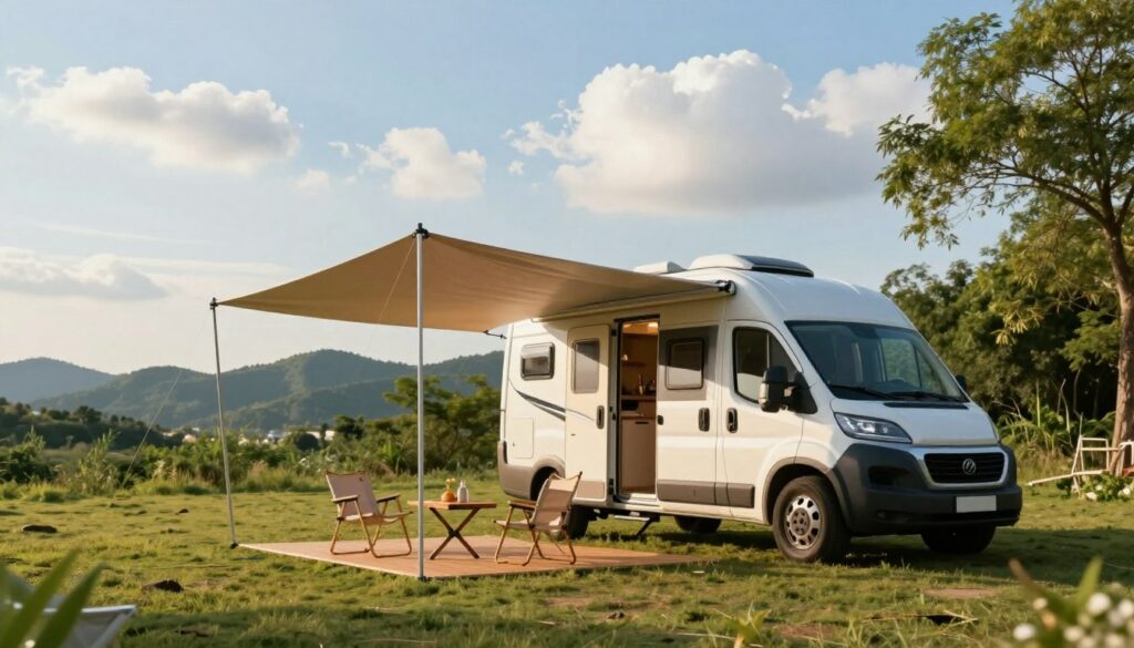 A-serene-campsite-featuring-a-well-equipped-camper-van-parked-under-a-large-stylish-1024x585 Notre guide pour choisir et installer un auvent pour van