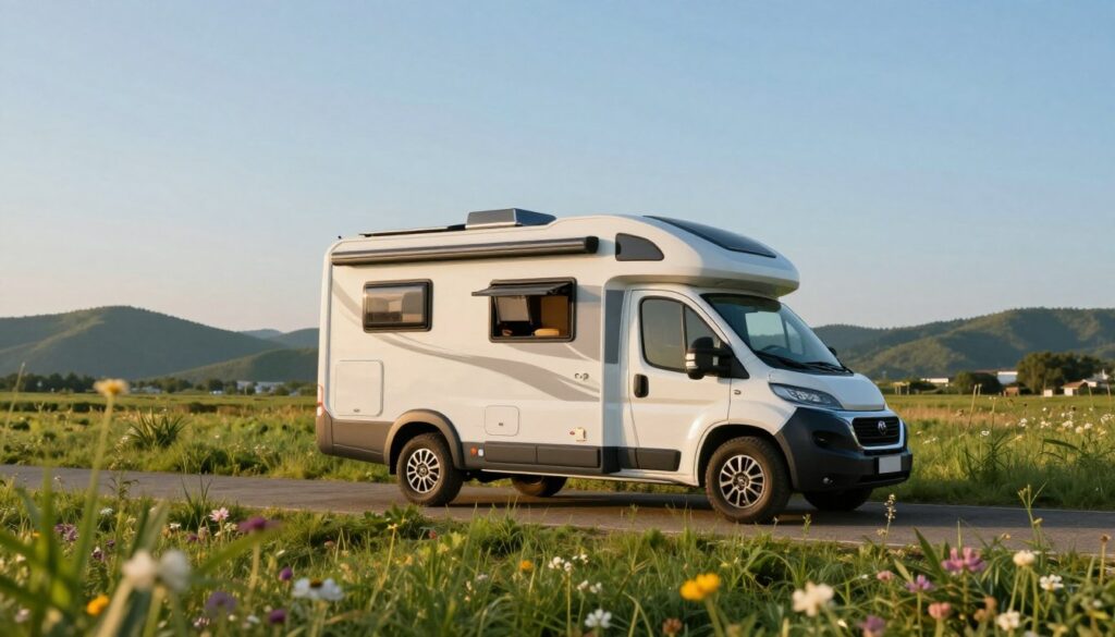A-serene-outdoor-scene-featuring-a-modern-camping-car-parked-at-a-picturesque-campsite.-In-the--1024x585 Tableau consommation camping-car : notre avis complet