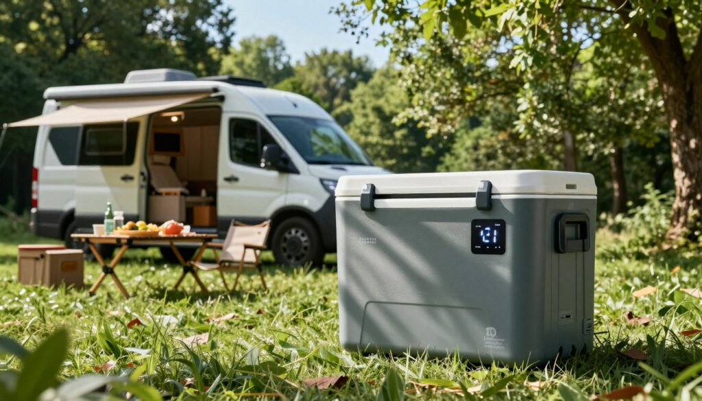A-sleek-electric-cooler-designed-for-camping-placed-prominently-in-the-foreground.-The-cooler--1024x585 Glacières à compression pour camping-car : comparatif et avis
