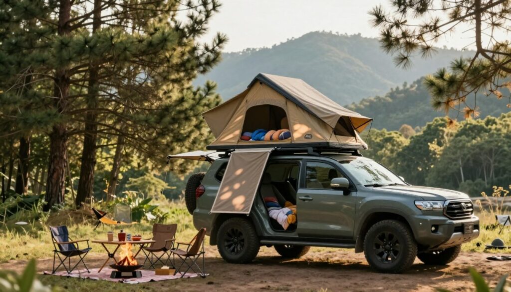 A-spacious-4-person-rooftop-tent-on-top-of-a-rugged-SUV-parked-at-a-scenic-campsite-surrounded--1024x585 Tente de toit 4 places : Notre avis complet et détaillé