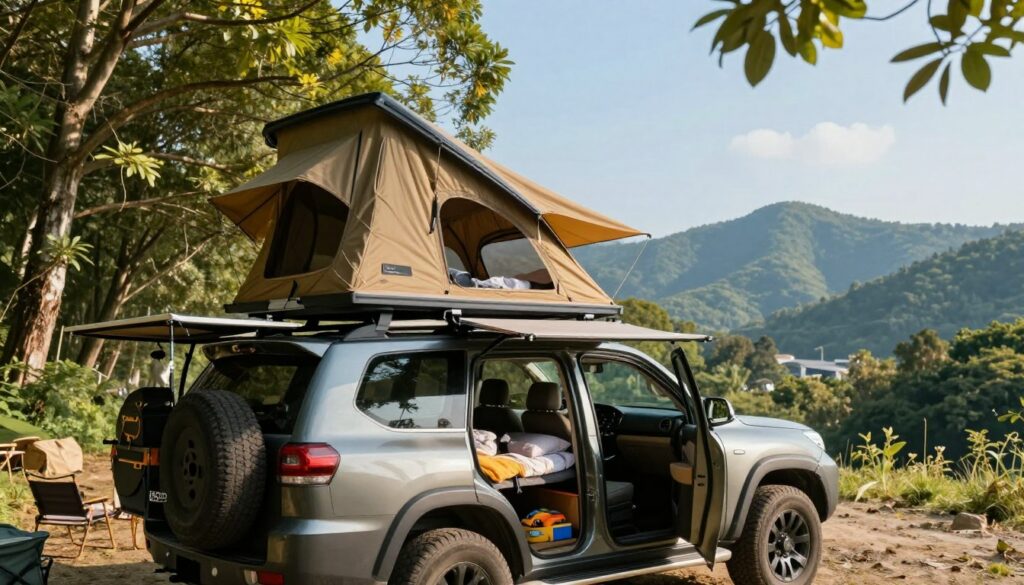 A-spacious-4-person-rooftop-tent-set-atop-a-sturdy-SUV-parked-in-a-scenic-outdoor-location.-In--1024x585 Tente de toit 4 places : Notre avis complet et détaillé