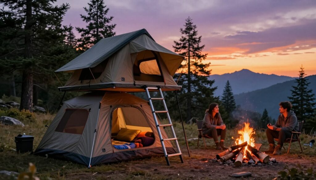 A-spacious-four-person-rooftop-tent-set-up-on-a-scenic-mountain-campsite-at-sunset.-The-1024x585 Tente de toit 4 places : Notre avis complet et détaillé