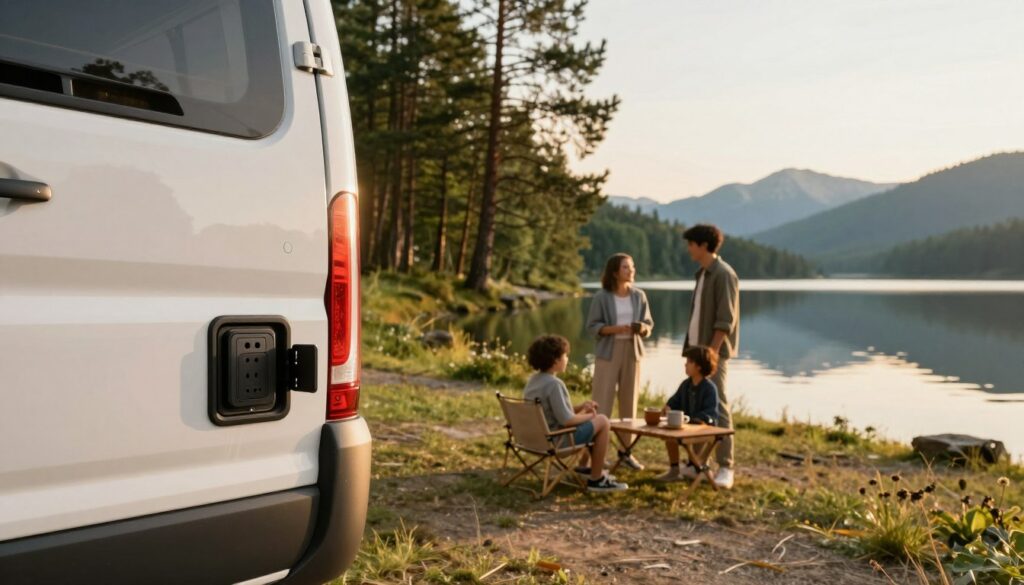 A-tranquil-camping-scene-featuring-a-modern-camper-van-parked-by-a-serene-lakeside-during-1024x585 Prise camping car test et avis 2026 pour bien choisir