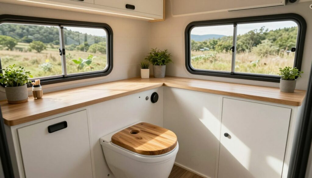 A-well-designed-dry-toilet-installation-inside-a-modern-camper-van.-In-the-foreground-showcase-1024x585 Toilettes sèches, à séparation ou chimiques : Le grand match pour la vanlife
