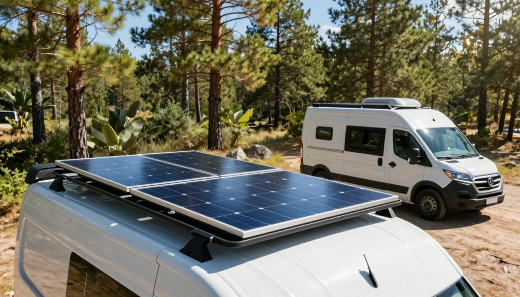 A-well-equipped-Solar-Kit-designed-for-a-camping-van-prominently-featuring-a-sleek-400W-TOPCon-1024x585 Kit solaire camping-car : Faut-il passer aux panneaux monocristallins TOPCon ?