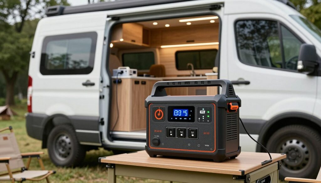 A-well-equipped-portable-battery-station-designed-for-camping-vans-prominently-displayed-in-1024x585 Quelle station de charge nomade choisir pour son van en 2026 ?