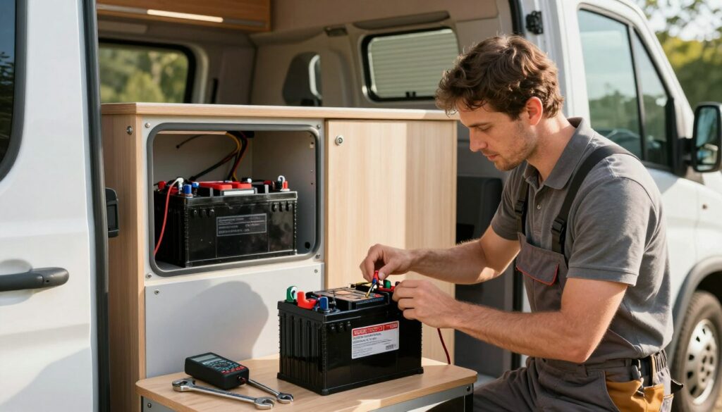 A-well-lit-detailed-scene-depicting-the-installation-of-a-camper-van-battery.-In-the-1024x585 Batterie camping car : Guide et test 2026 pour bien choisir