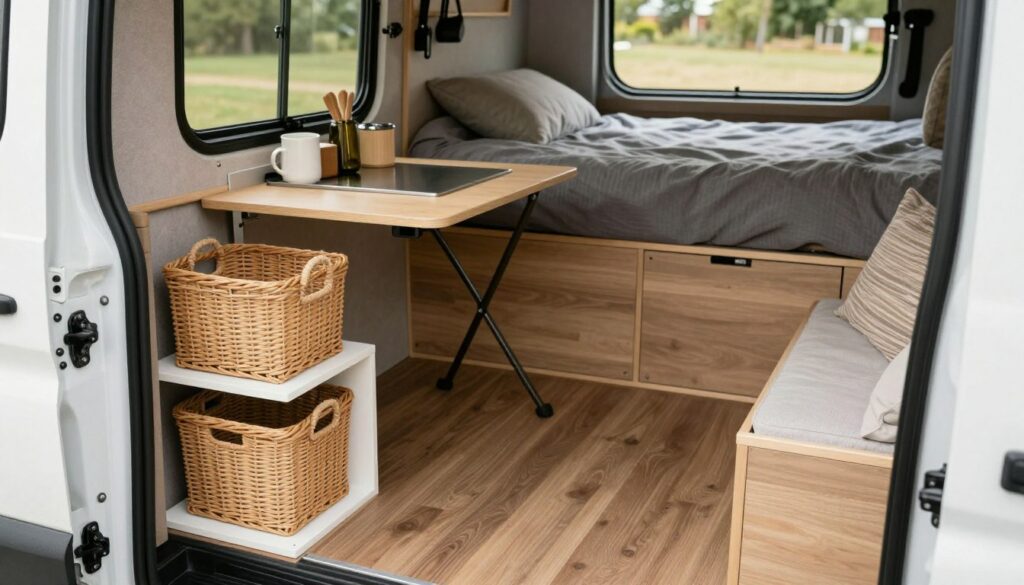 A-well-organized-and-clever-storage-solution-within-a-cozy-camper-van-showcasing-various-1024x585 Astuce rangement soute camping-car : notre guide pratique