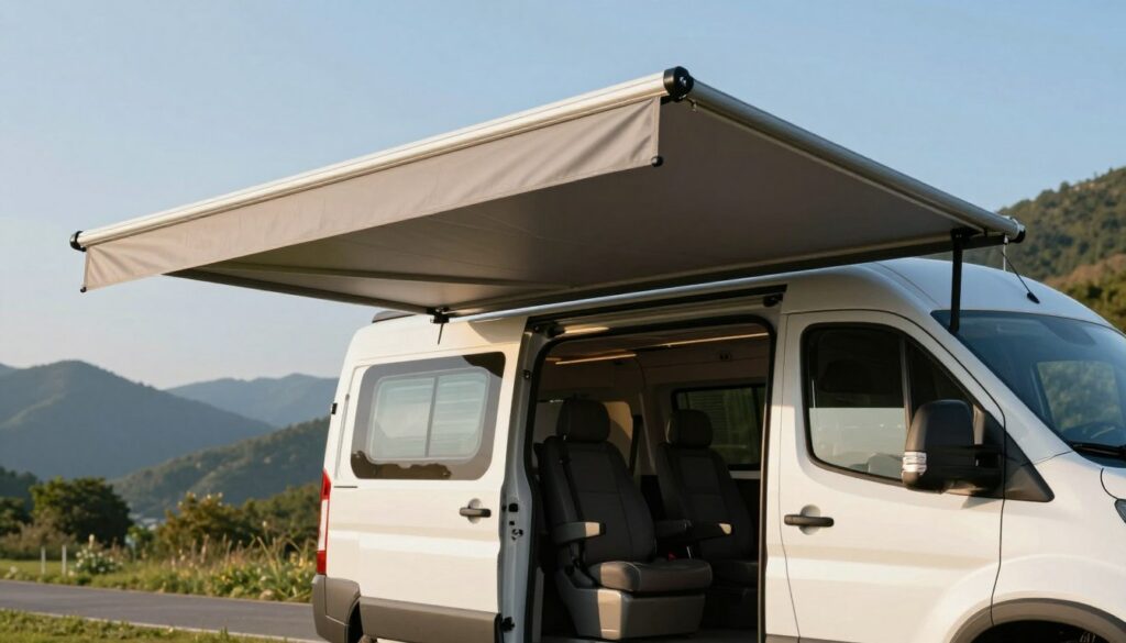 A-well-organized-scene-depicting-a-modern-van-equipped-with-a-stylish-awning-set-in-an-outdoor-1024x585 Notre guide pour choisir et installer un auvent pour van