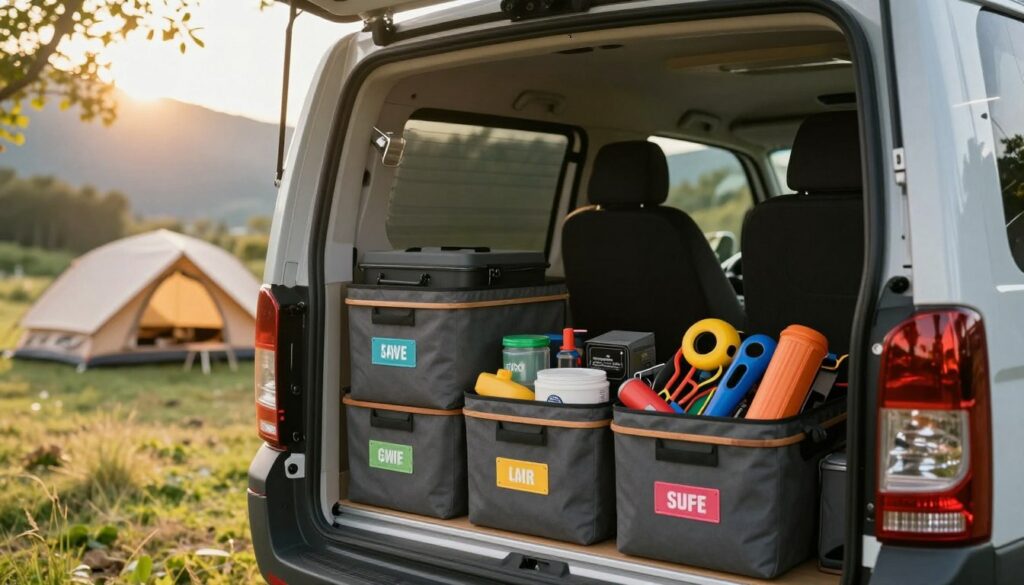 A-well-organized-storage-area-within-a-camper-van-focusing-on-safety-and-practicality.-In-the--1024x585 Astuce rangement soute camping-car : notre guide pratique