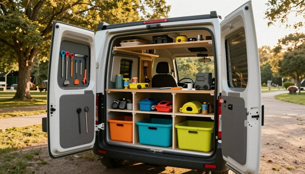 A-well-organized-storage-space-for-a-camping-car-showcasing-a-variety-of-innovative-storage-1024x585 Astuce rangement soute camping-car : notre guide pratique